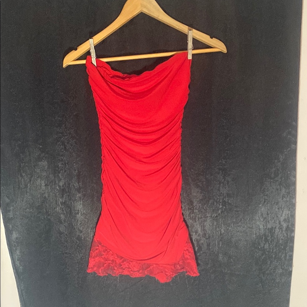 Red Ruched Fashion Nova Strapless Mini Dress with Lace Hem